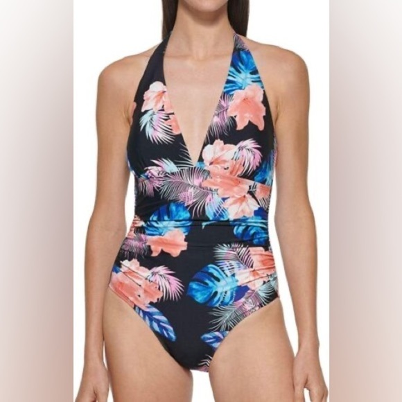 DKNY Black And Blue Floral One Piece Swimsuit Size Medium - Picture 2 of 15